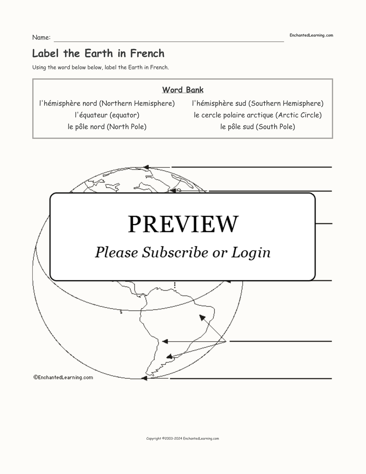 Label the Earth in French interactive worksheet page 1