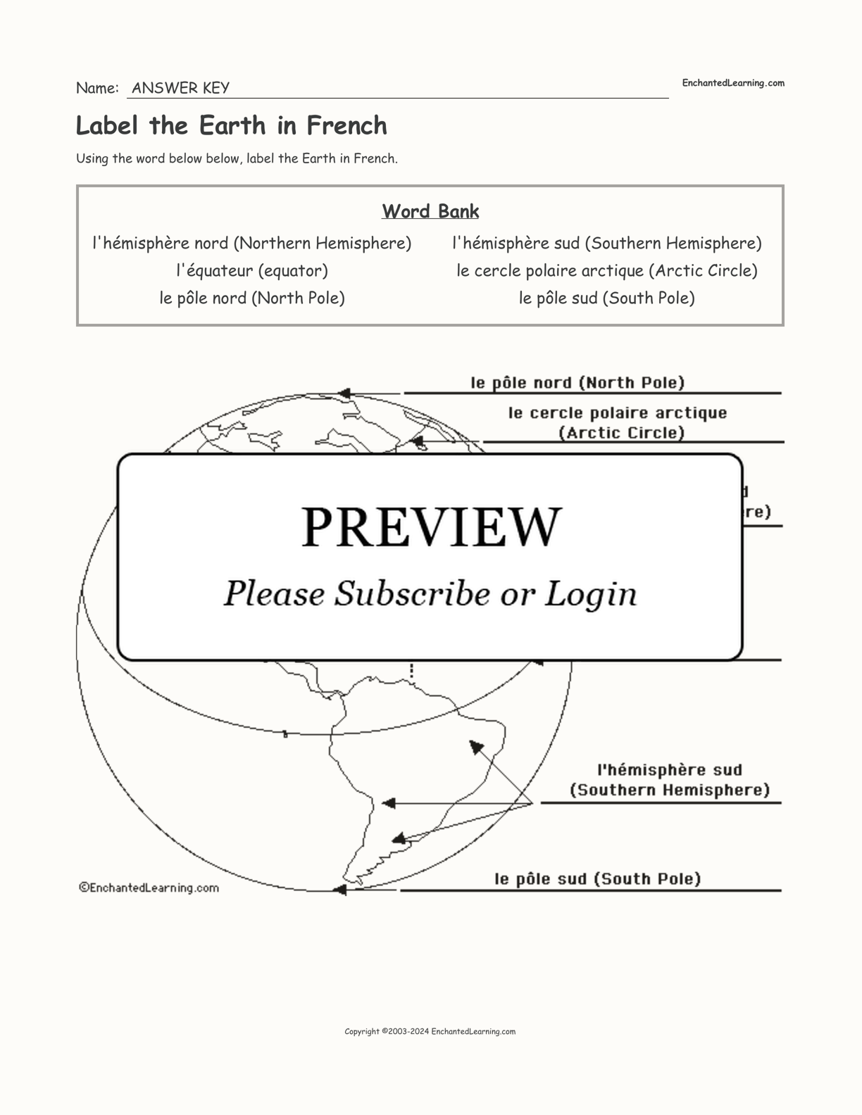 Label the Earth in French interactive worksheet page 2