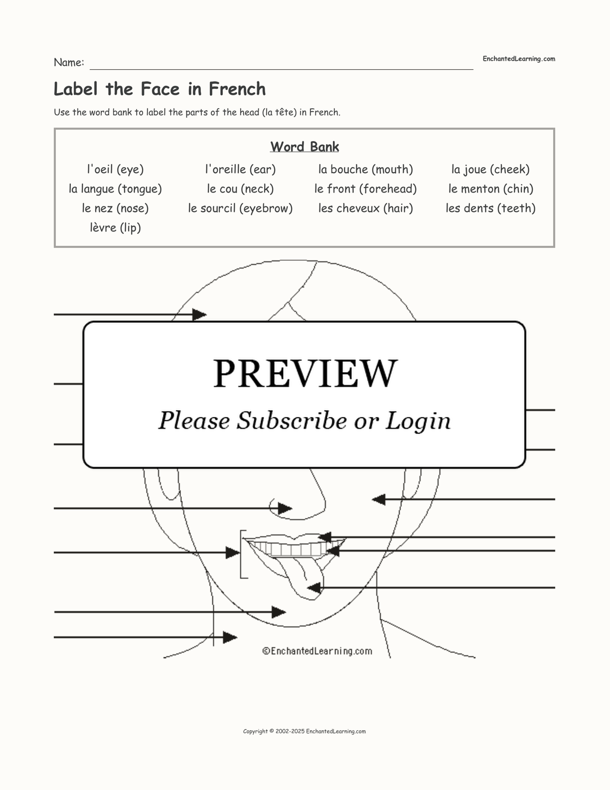 Label the Face in French interactive worksheet page 1