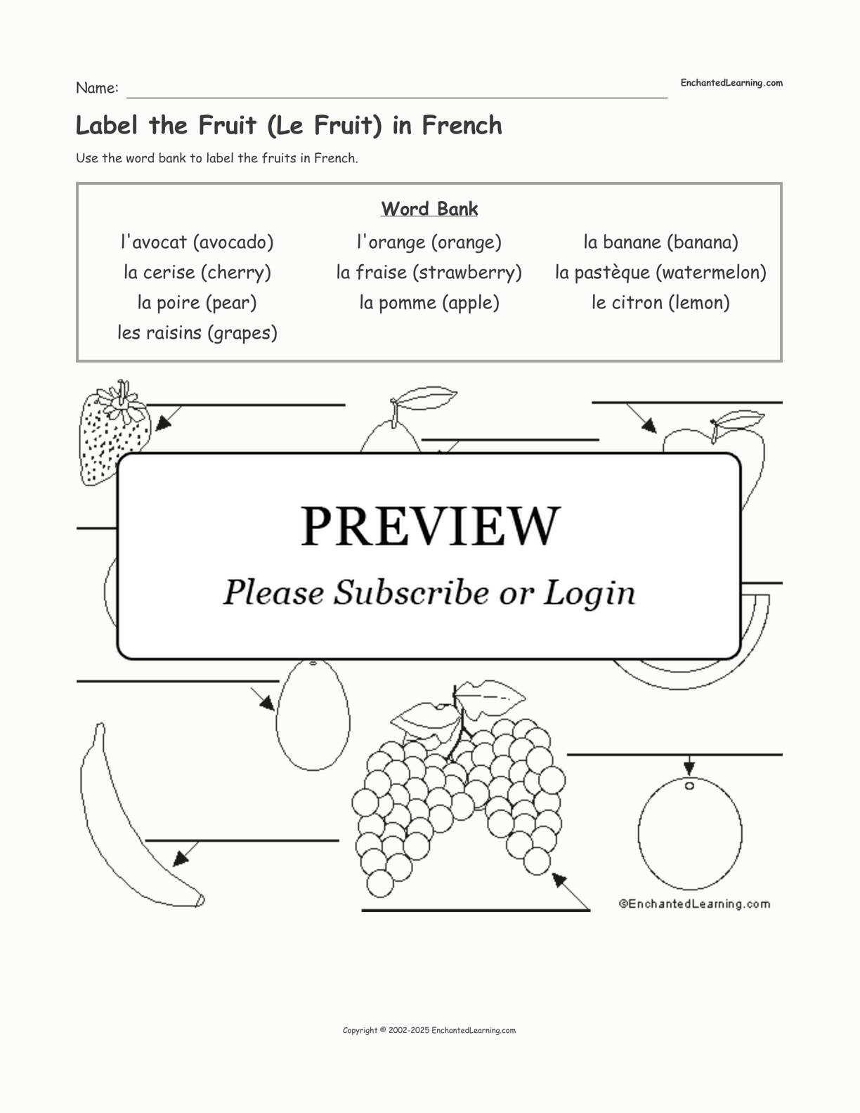 Label the Fruit (Le Fruit) in French interactive worksheet page 1