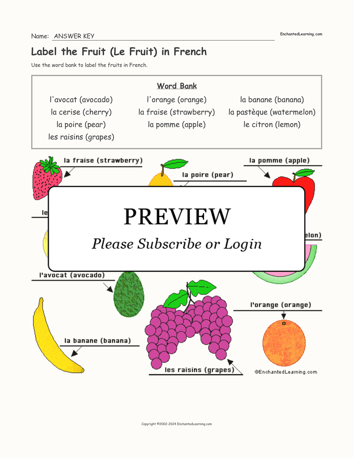 Label the Fruit (Le Fruit) in French interactive worksheet page 2
