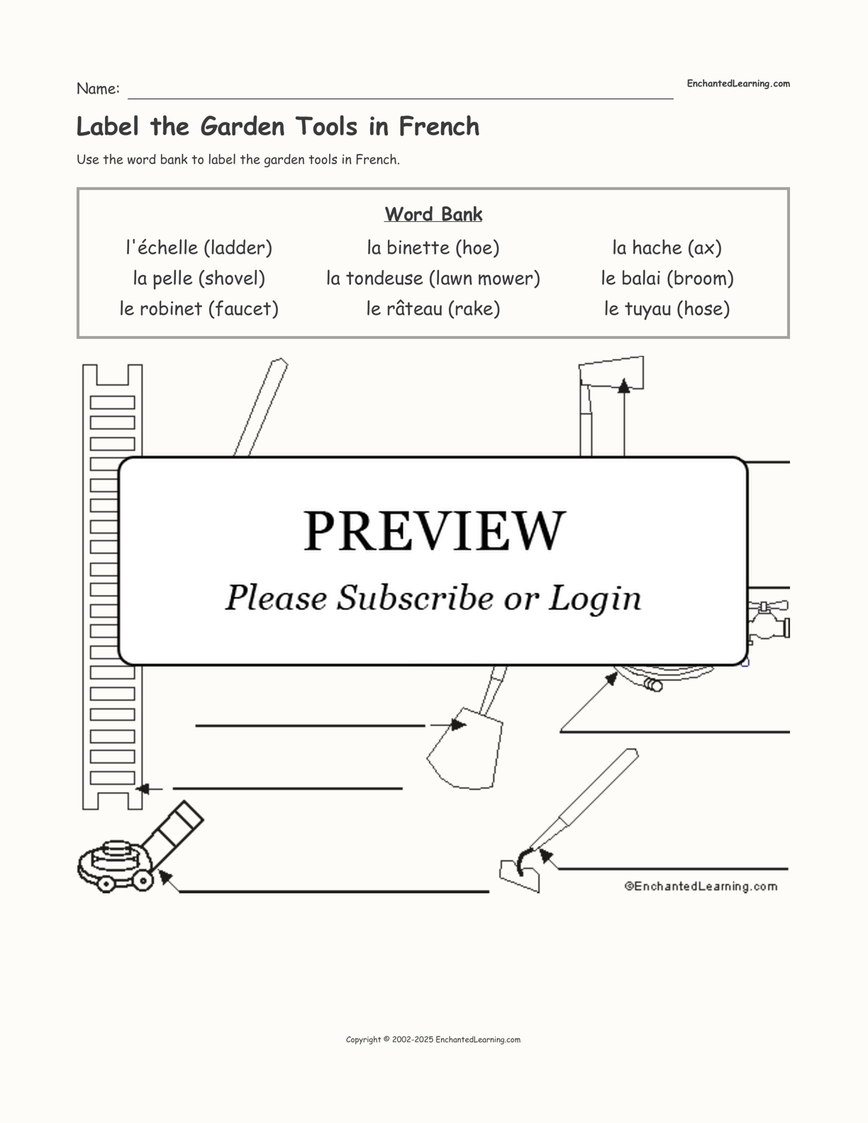 Label the Garden Tools in French interactive worksheet page 1