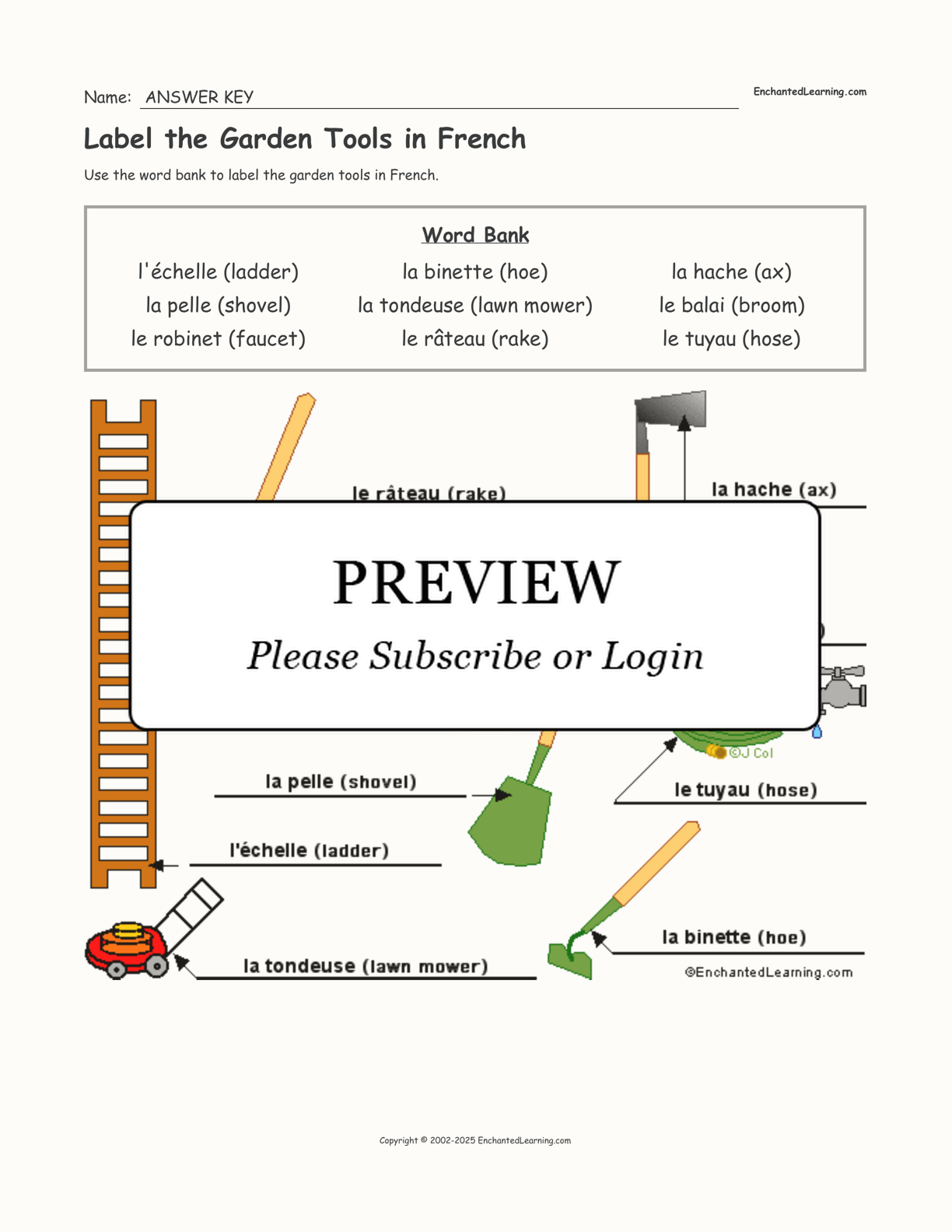 Label the Garden Tools in French interactive worksheet page 2