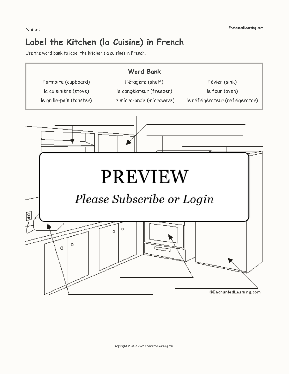 Label the Kitchen (la Cuisine) in French interactive worksheet page 1