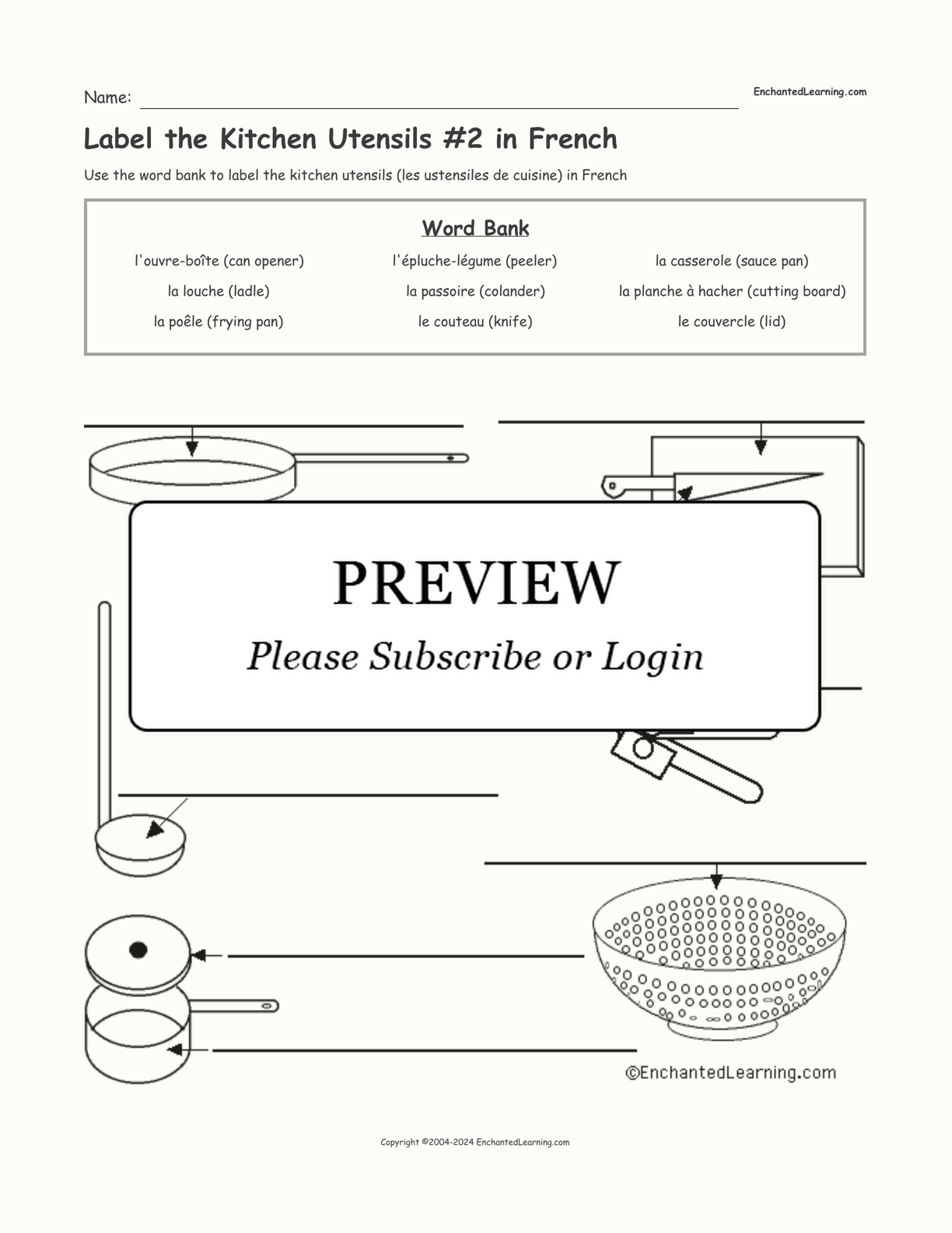 Label the Kitchen Utensils #2 in French interactive worksheet page 1