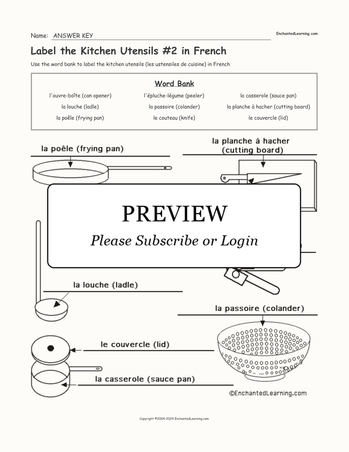 Label the Kitchen Utensils #2 in French interactive worksheet page 2
