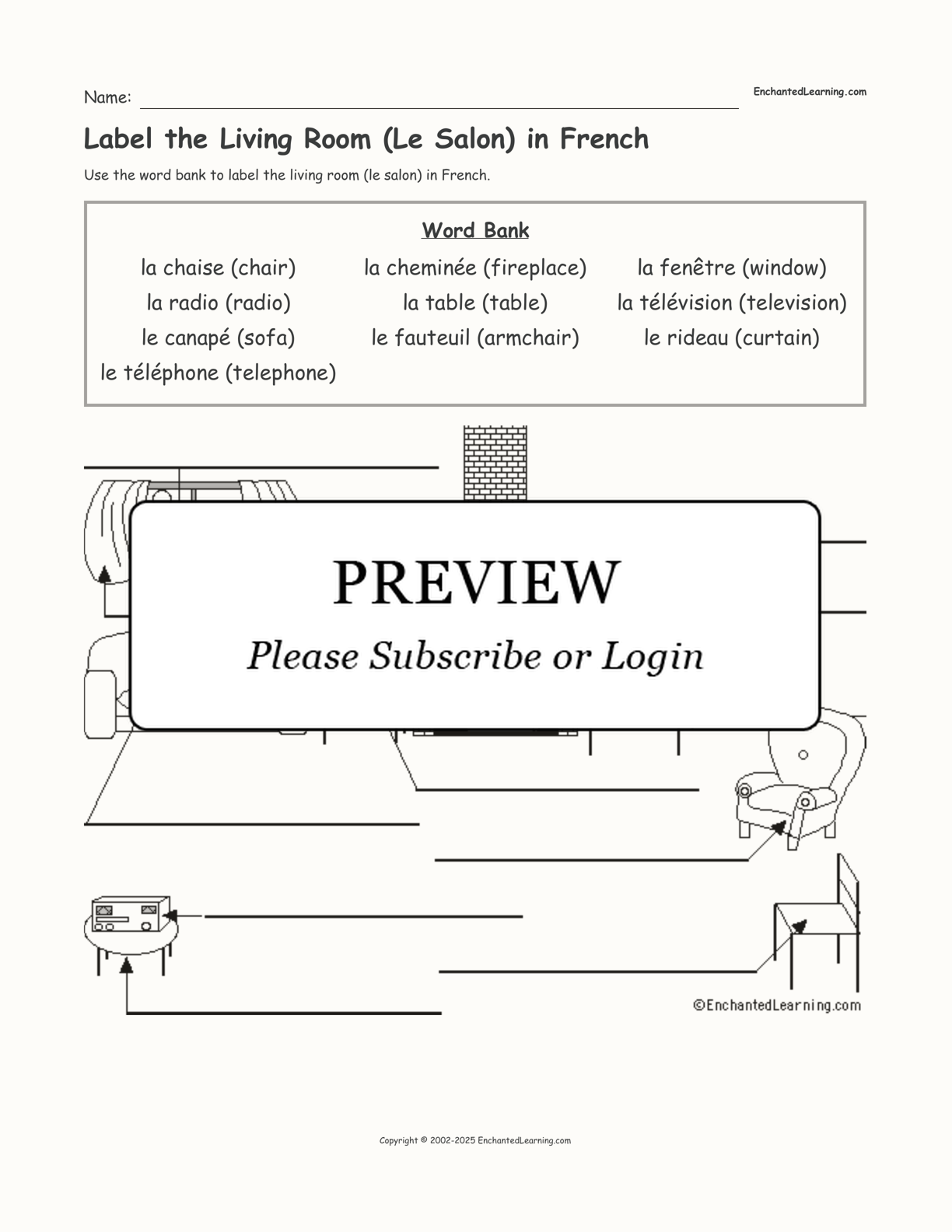 Label the Living Room (Le Salon) in French interactive worksheet page 1