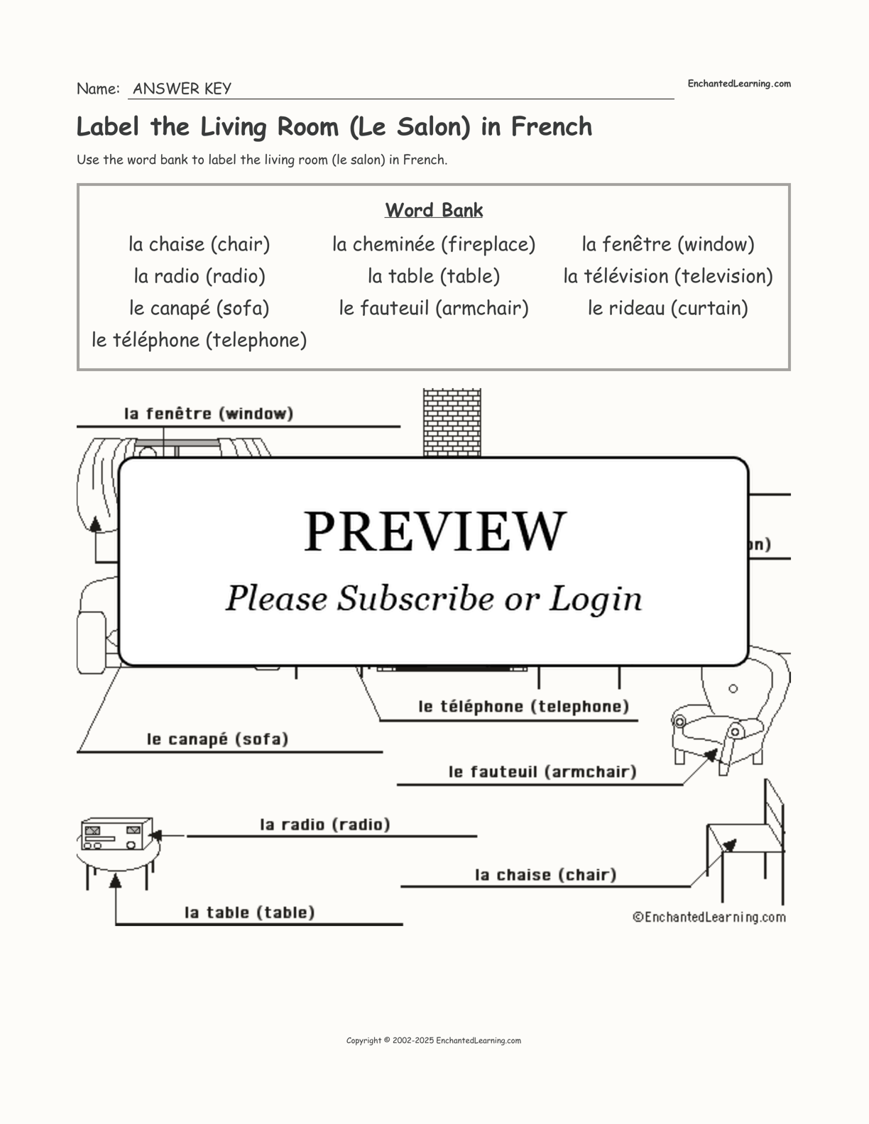 Label the Living Room (Le Salon) in French interactive worksheet page 2