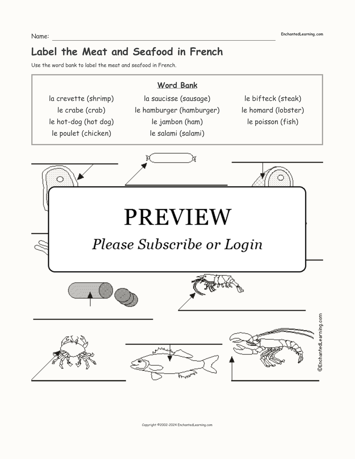 Label the Meat and Seafood in French interactive worksheet page 1
