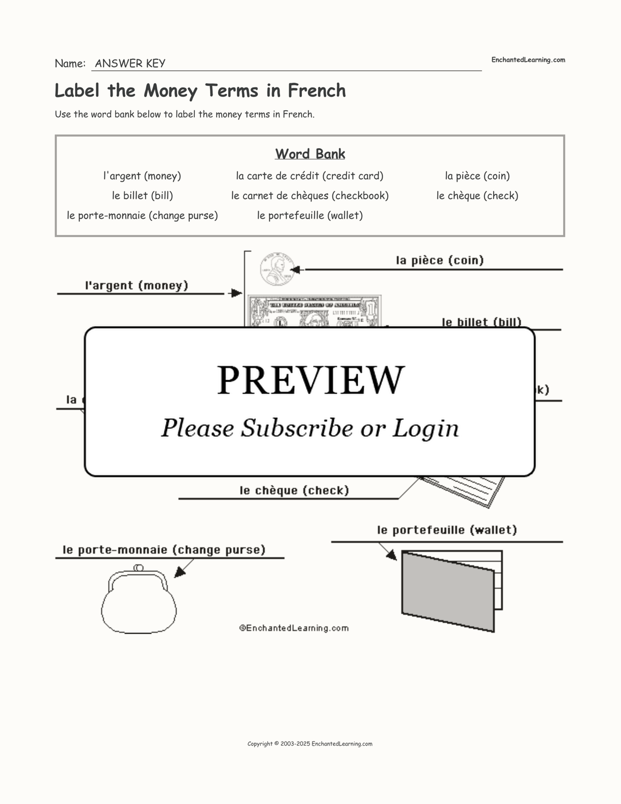 Label the Money Terms in French interactive worksheet page 2