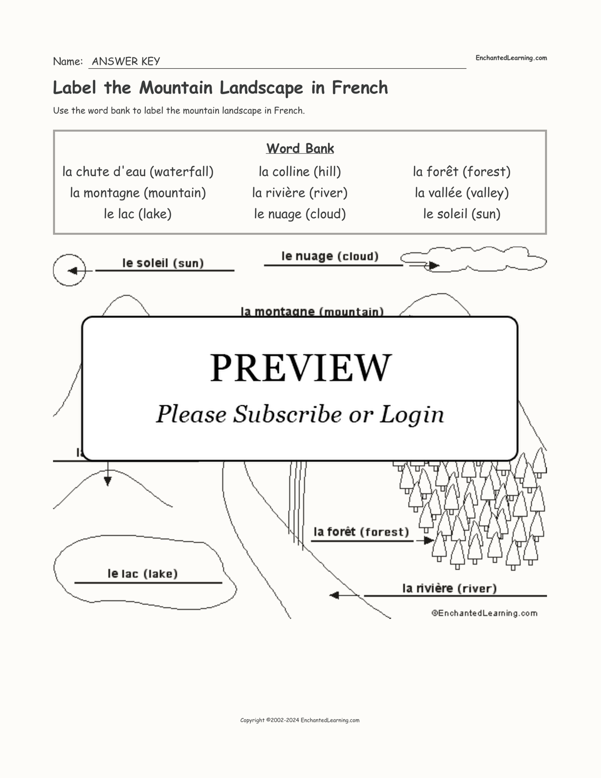 Label the Mountain Landscape in French interactive worksheet page 2