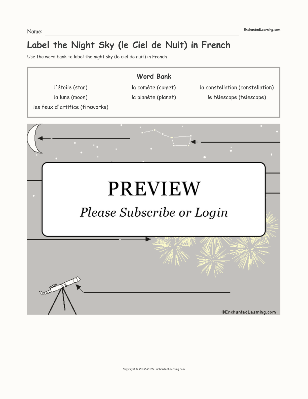 Label the Night Sky (le Ciel de Nuit) in French interactive worksheet page 1