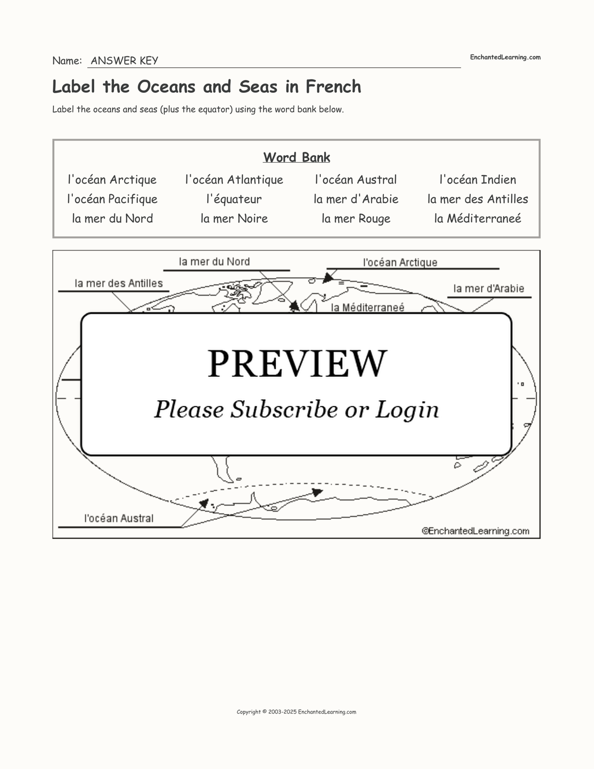 Label the Oceans and Seas in French interactive worksheet page 2