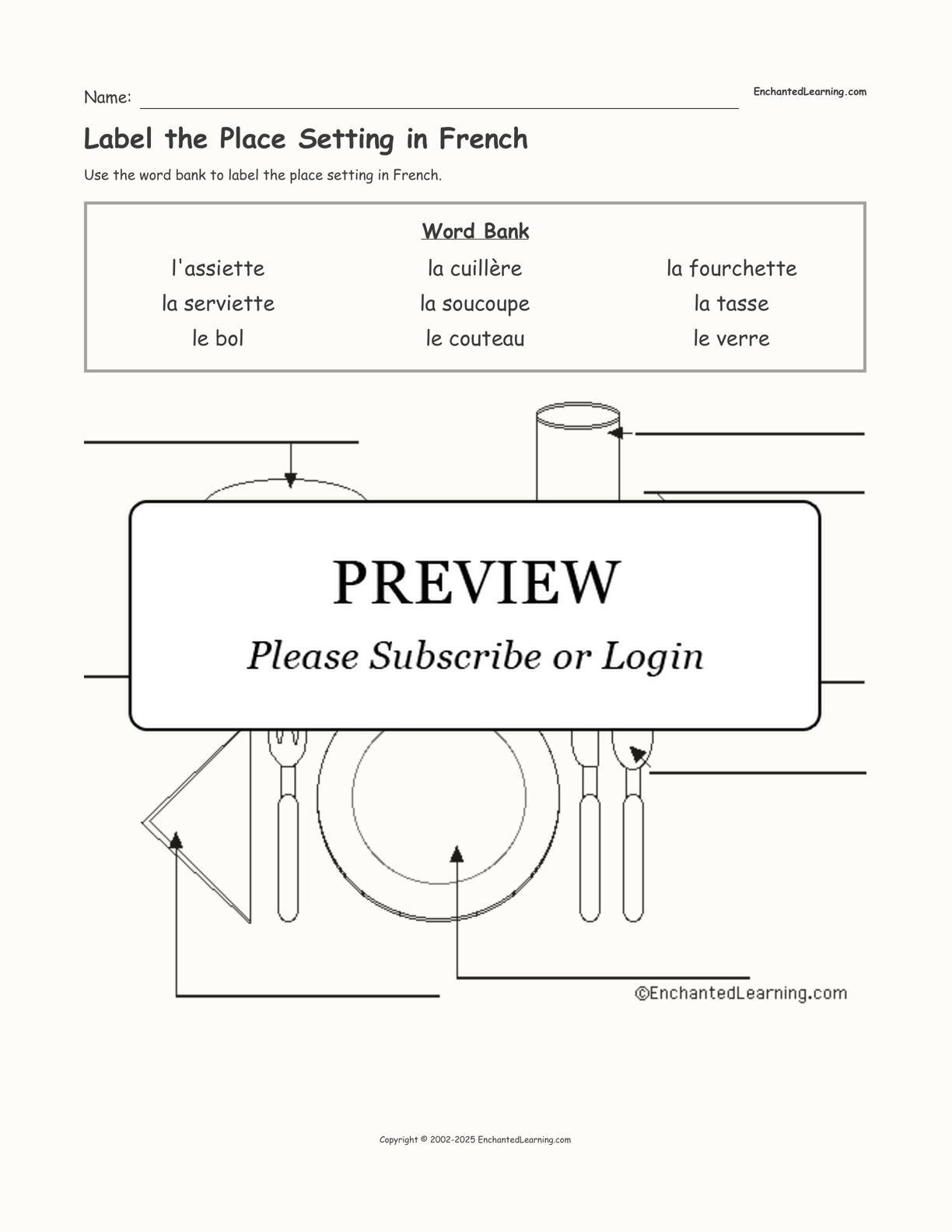 label-the-place-setting-in-french-enchanted-learning