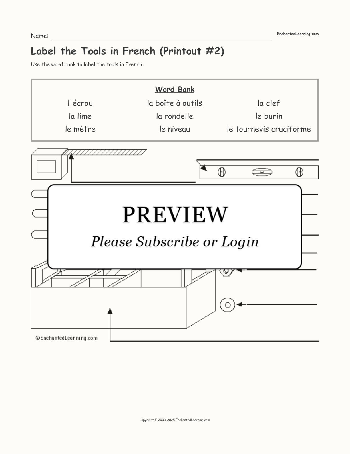 Label the Tools in French (Printout #2) interactive worksheet page 1