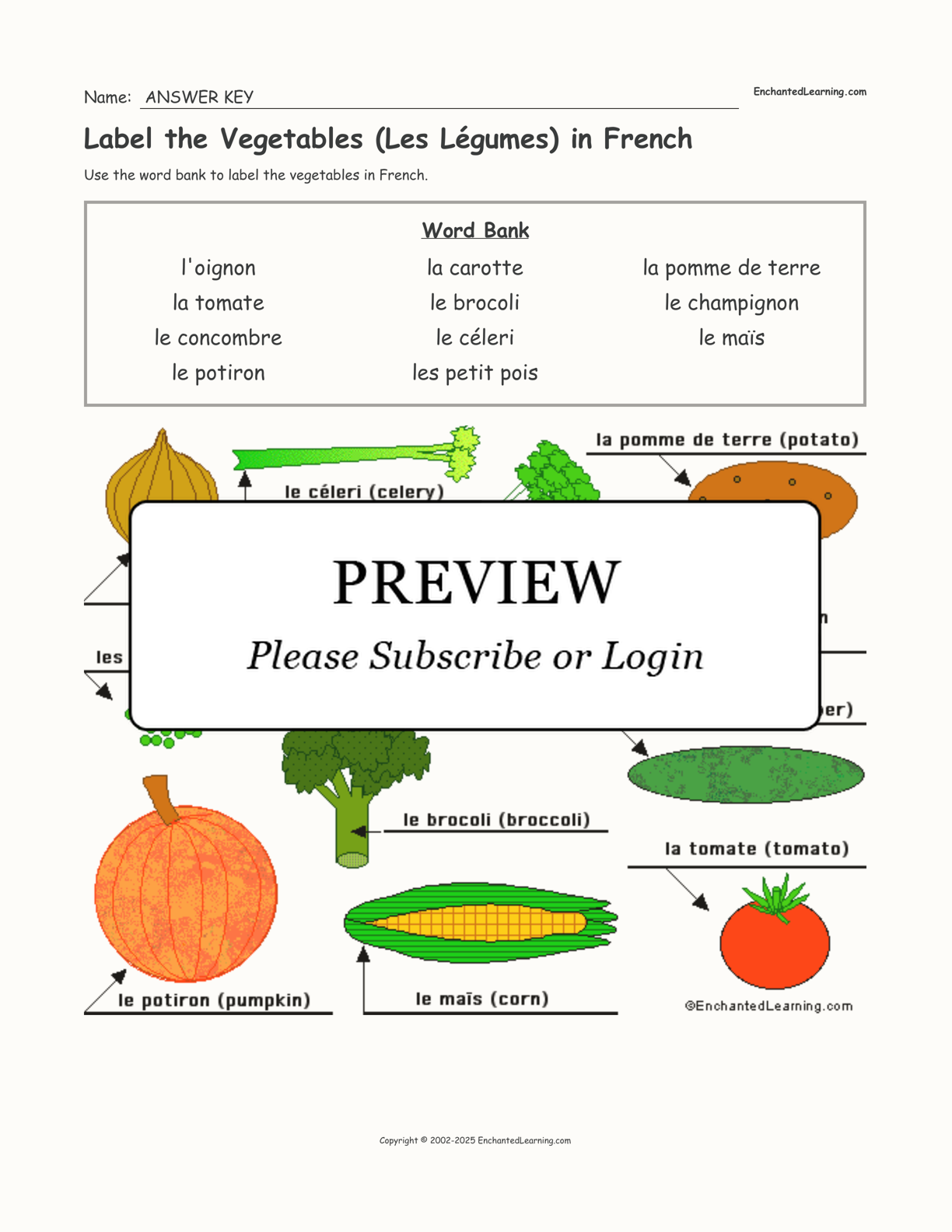 Label the Vegetables (Les Légumes) in French - Enchanted Learning