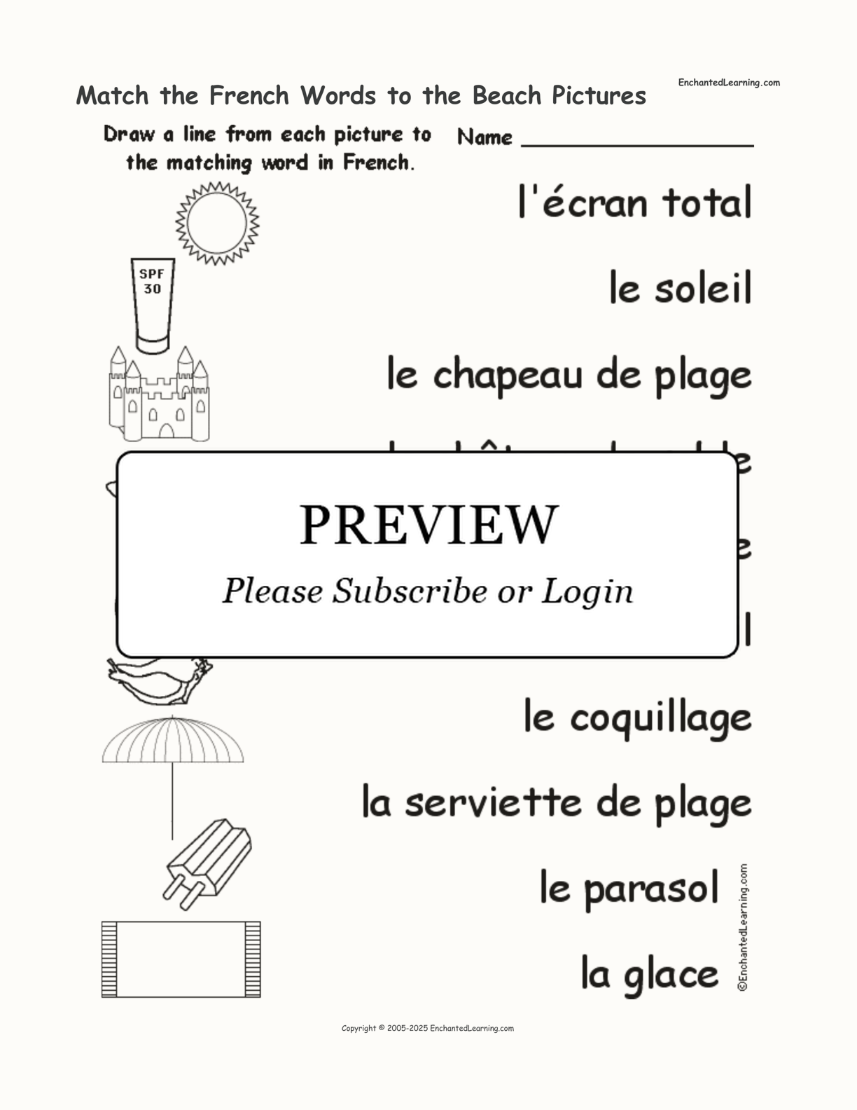 Match the French Words to the Beach Pictures interactive worksheet page 1