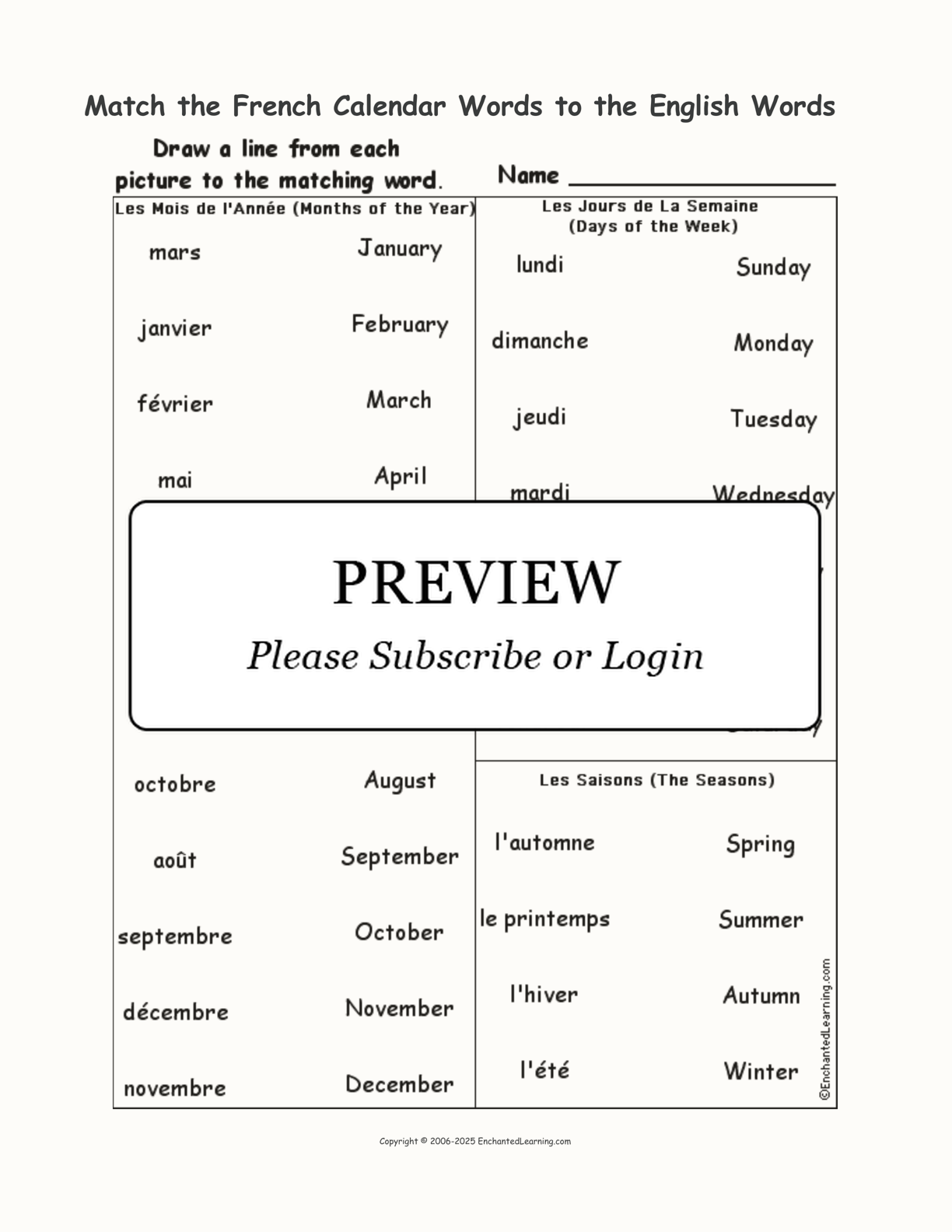 Match the French Calendar Words to the English Words interactive worksheet page 1