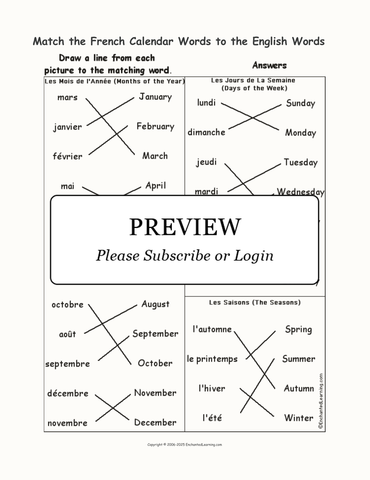 Match the French Calendar Words to the English Words interactive worksheet page 2