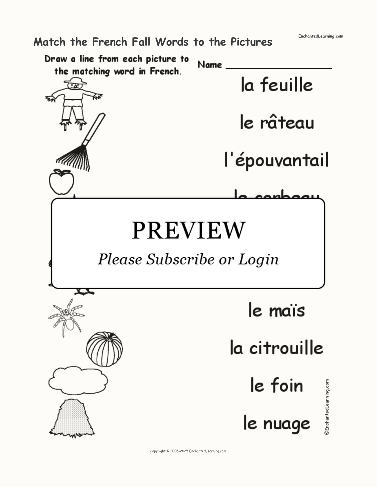 Match the French Fall Words to the Pictures interactive worksheet page 1