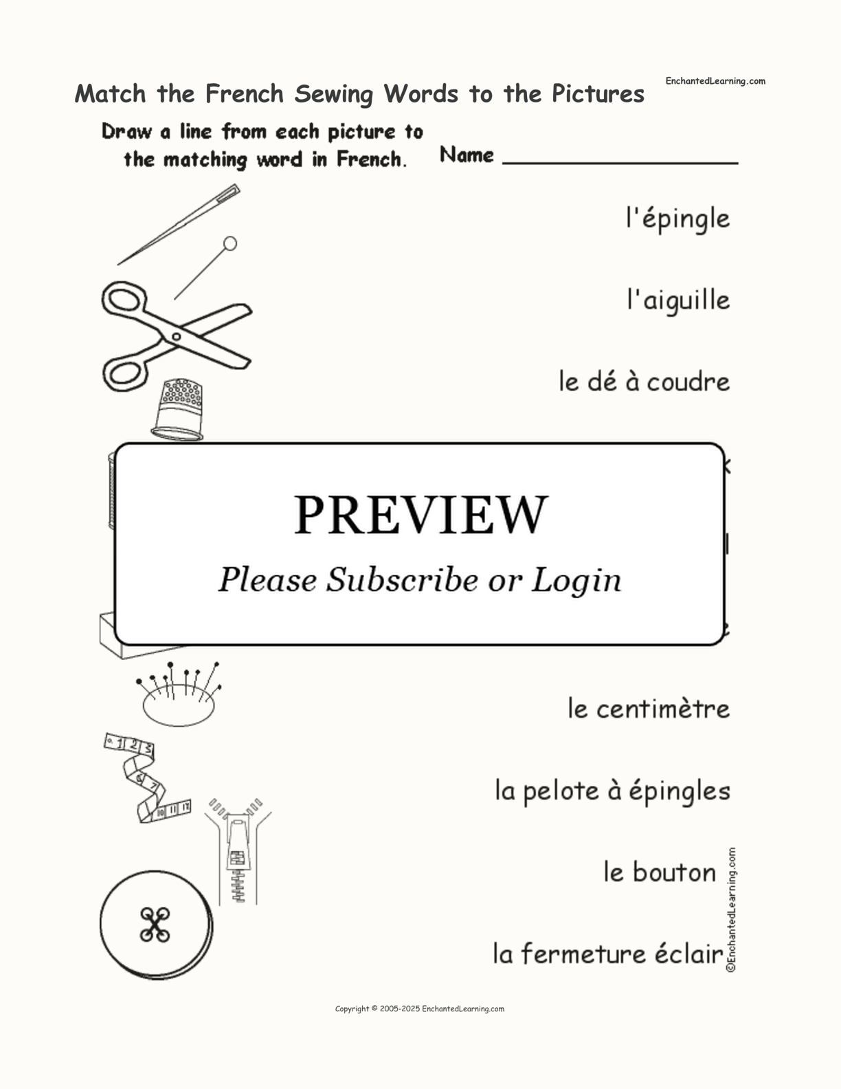 Match the French Sewing Words to the Pictures interactive worksheet page 1