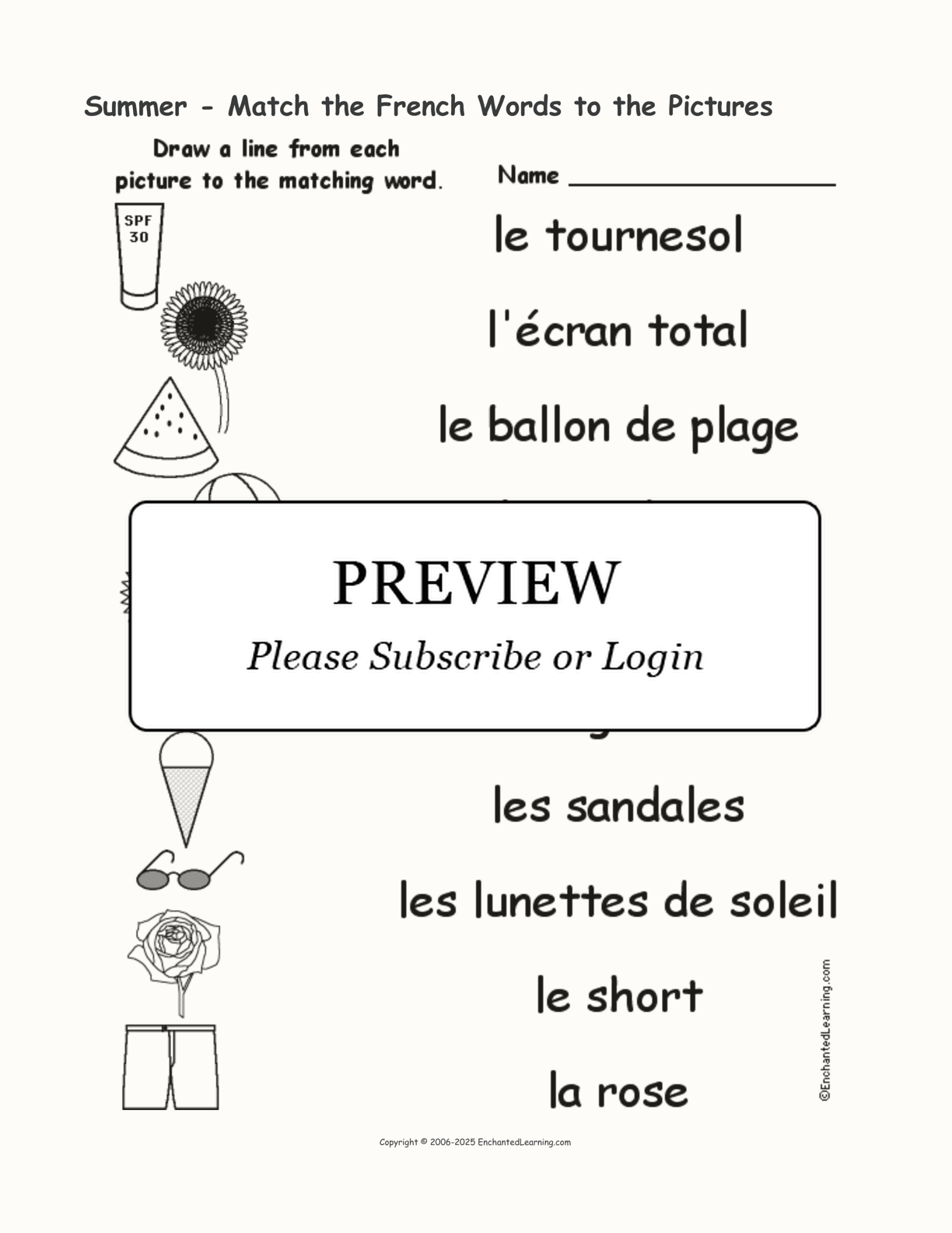 Summer - Match the French Words to the Pictures interactive worksheet page 1