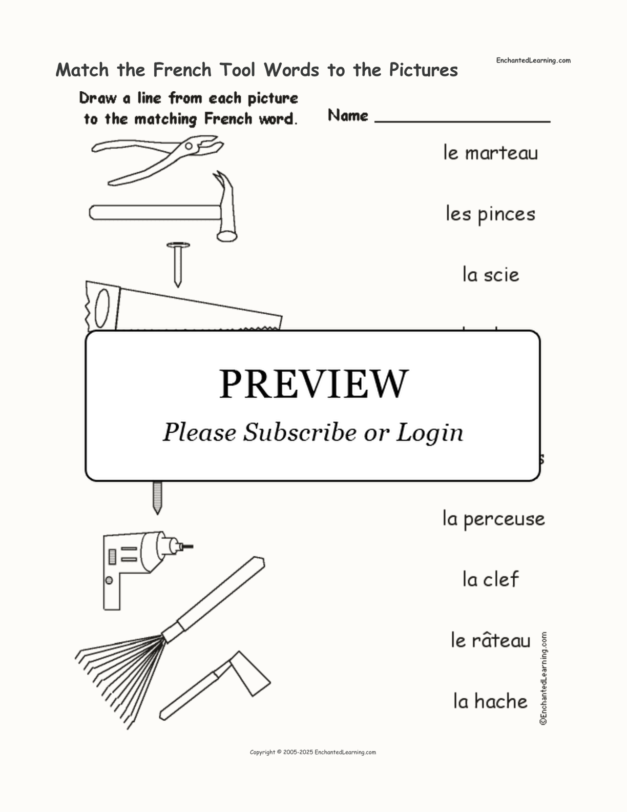 Match the French Tool Words to the Pictures interactive worksheet page 1