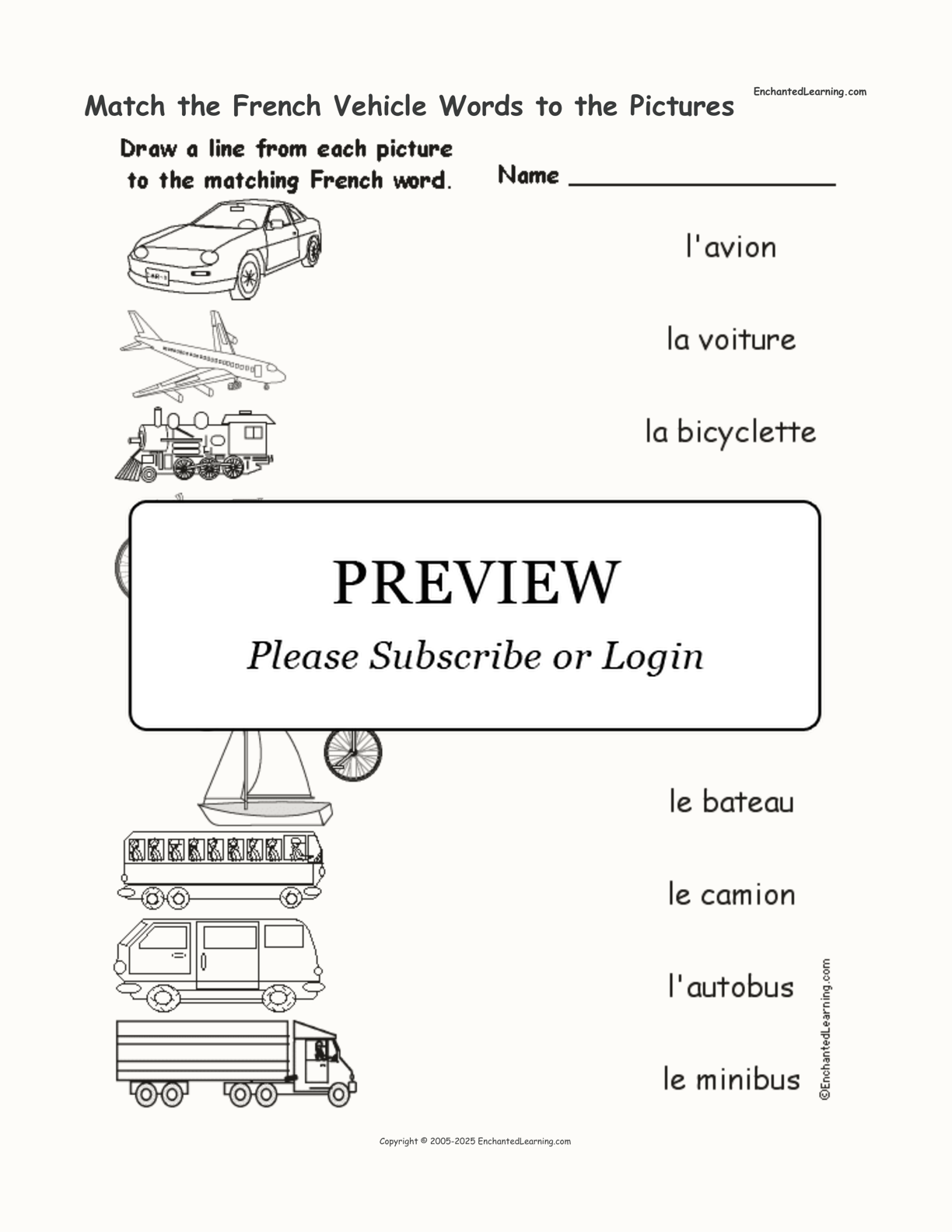 Match the French Vehicle Words to the Pictures interactive worksheet page 1