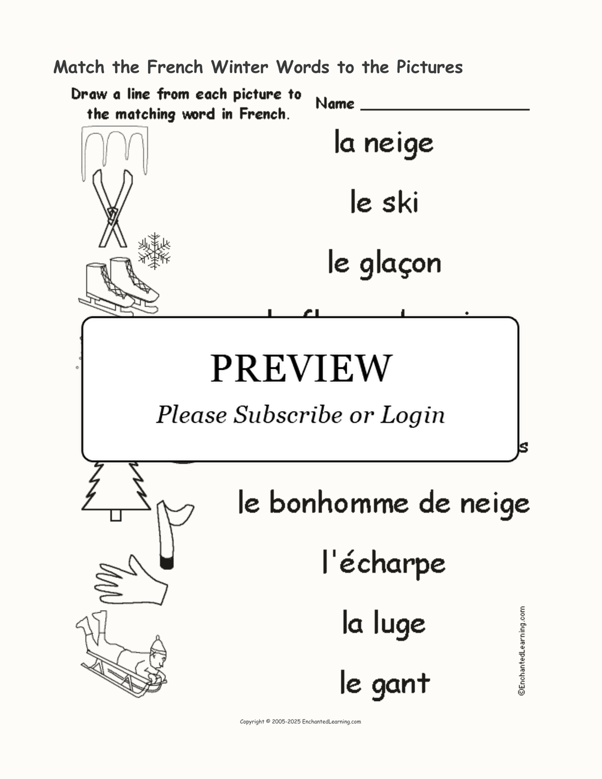 Match the French Winter Words to the Pictures interactive worksheet page 1