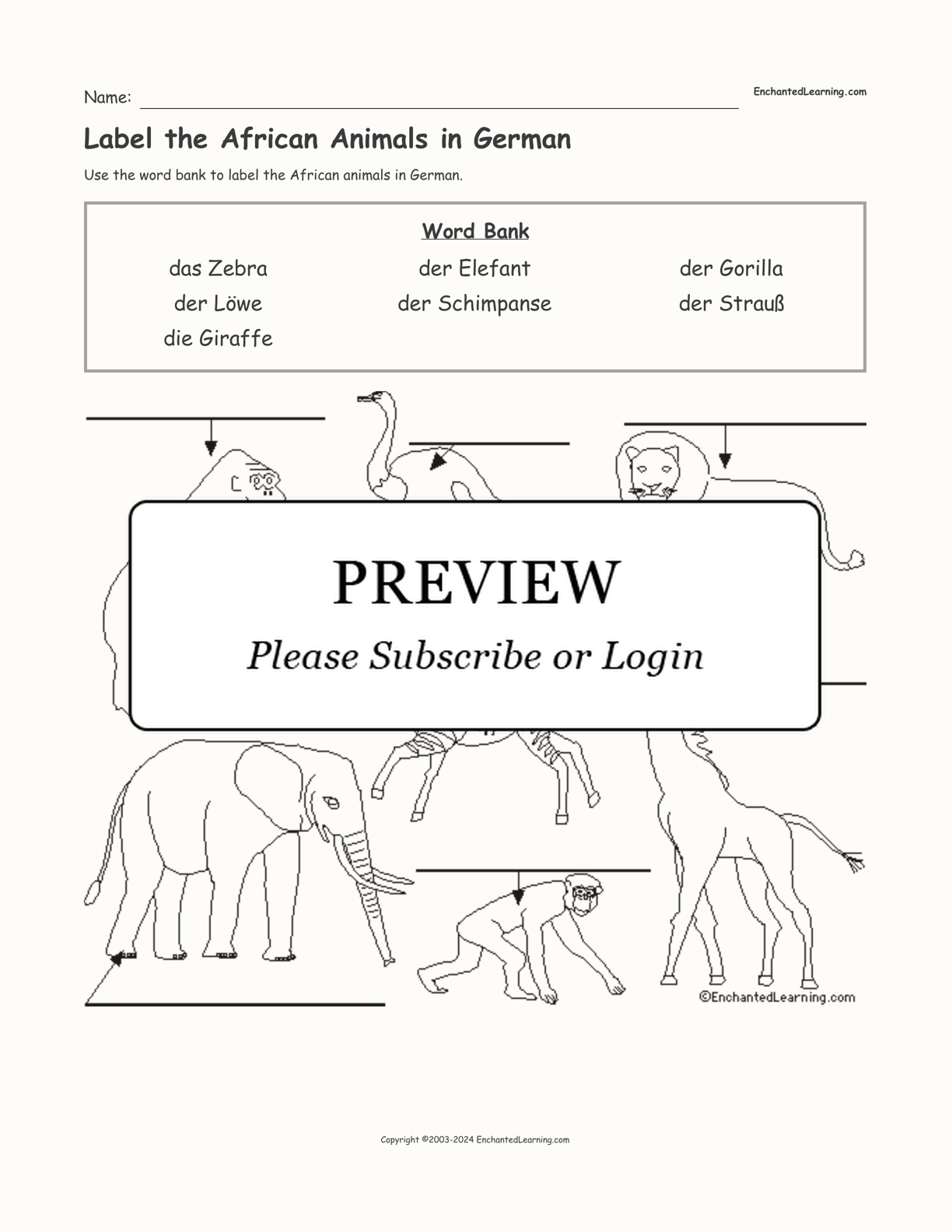 Label the African Animals in German interactive worksheet page 1
