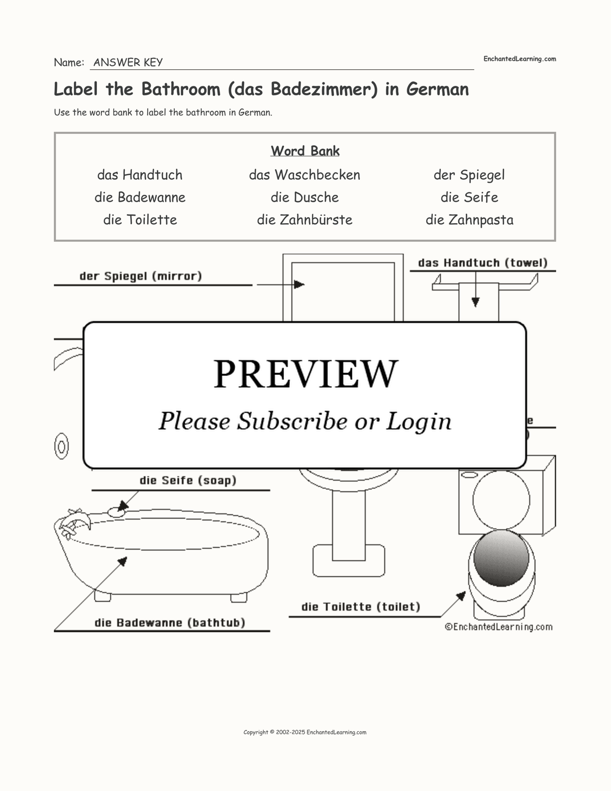 Label the Bathroom (das Badezimmer) in German interactive worksheet page 2