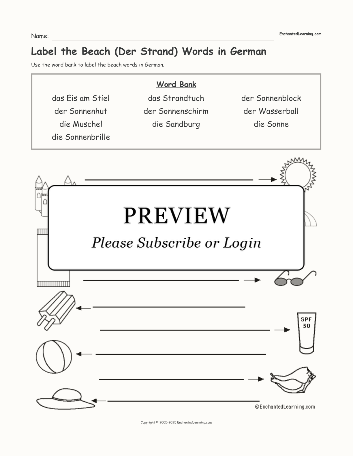 Label the Beach (Der Strand) Words in German interactive worksheet page 1