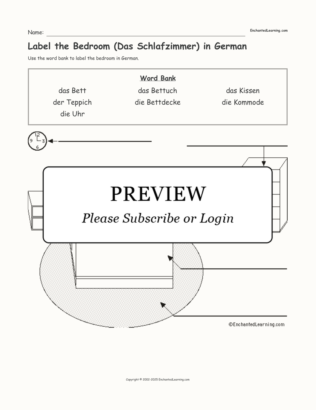 Label the Bedroom (Das Schlafzimmer) in German interactive worksheet page 1