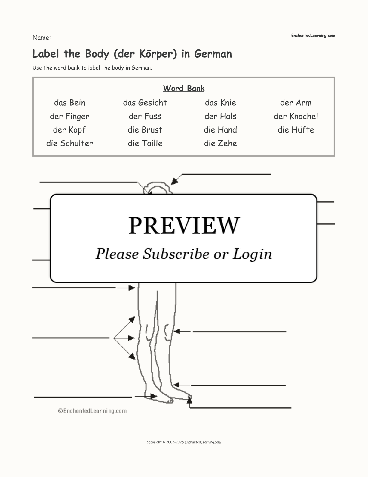 Label the Body (der Körper) in German interactive worksheet page 1