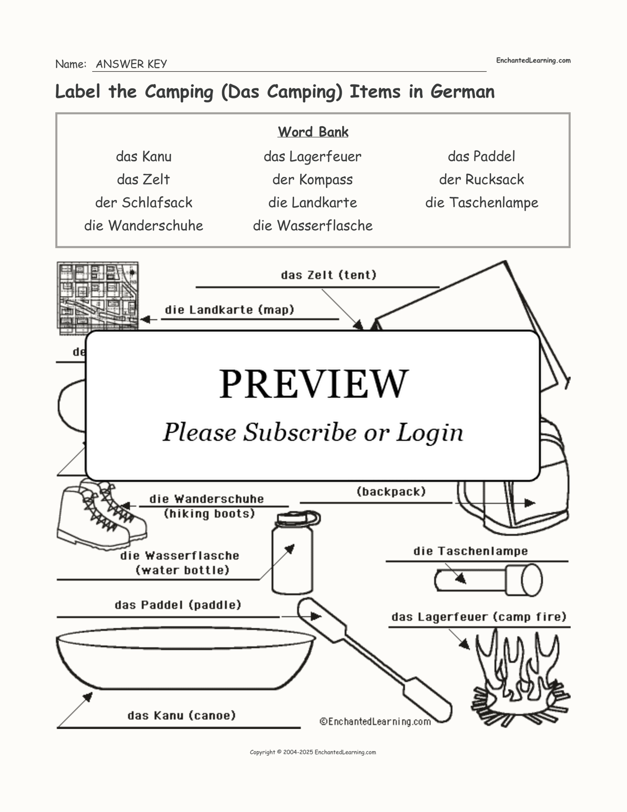 Label the Camping (Das Camping) Items in German interactive worksheet page 2