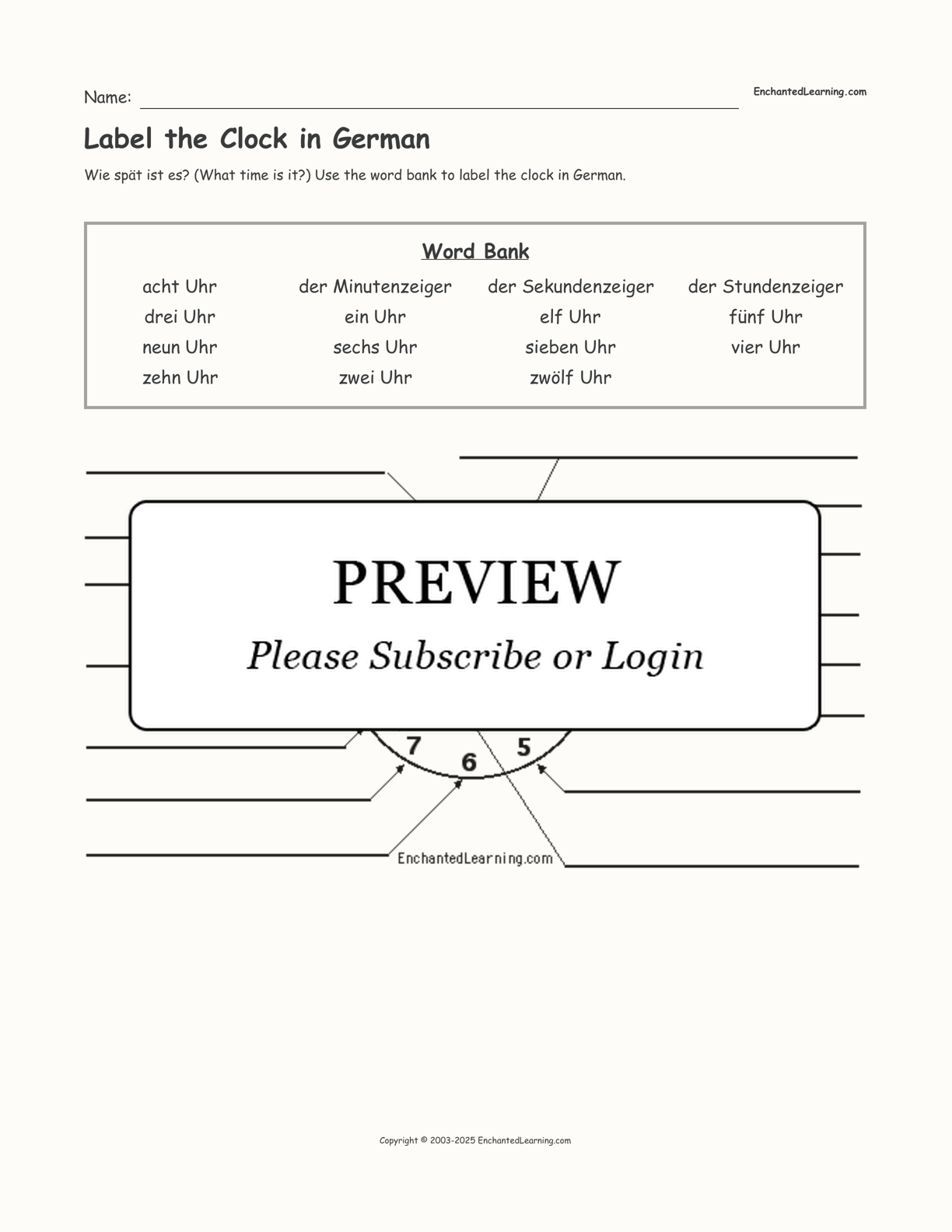 Label the Clock in German interactive worksheet page 1