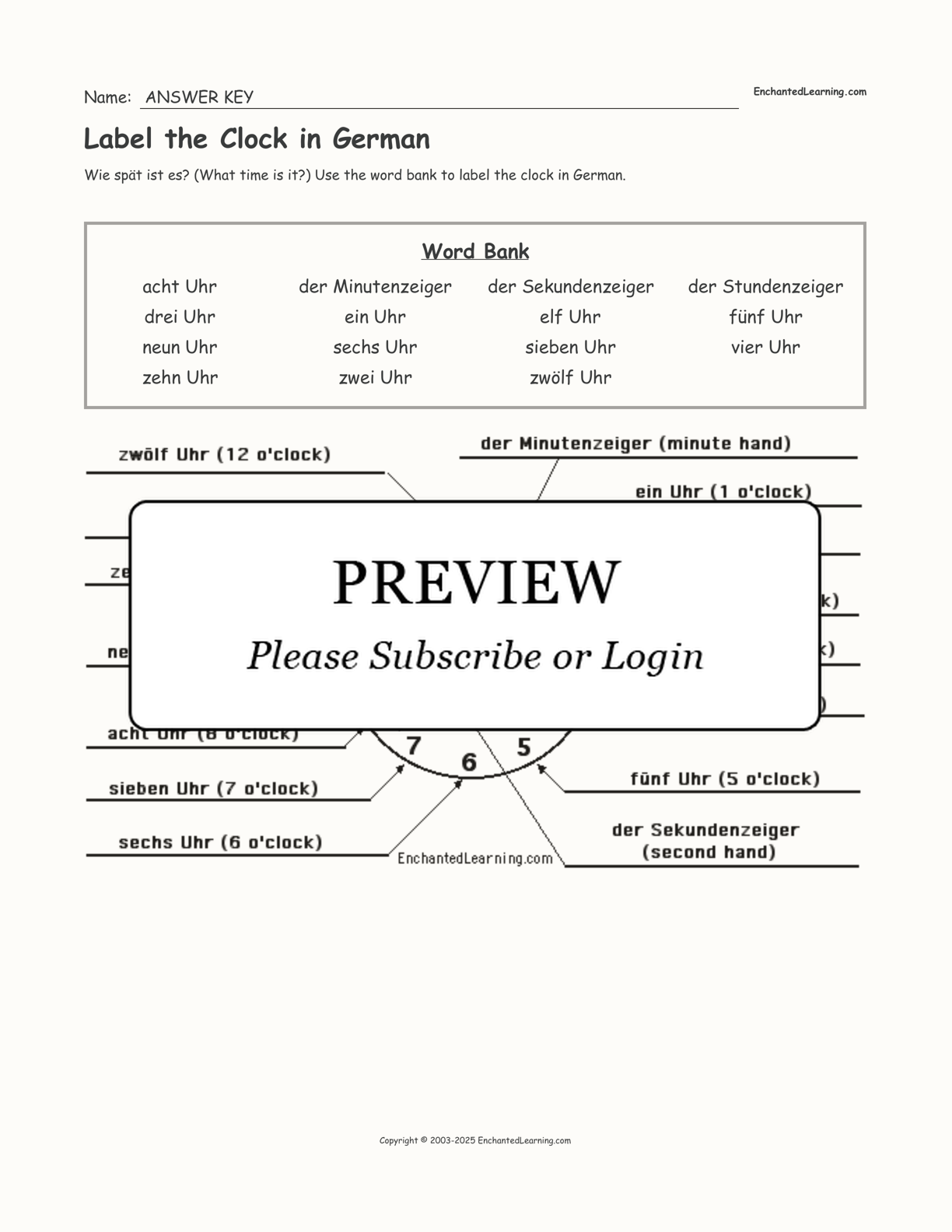 Label the Clock in German interactive worksheet page 2