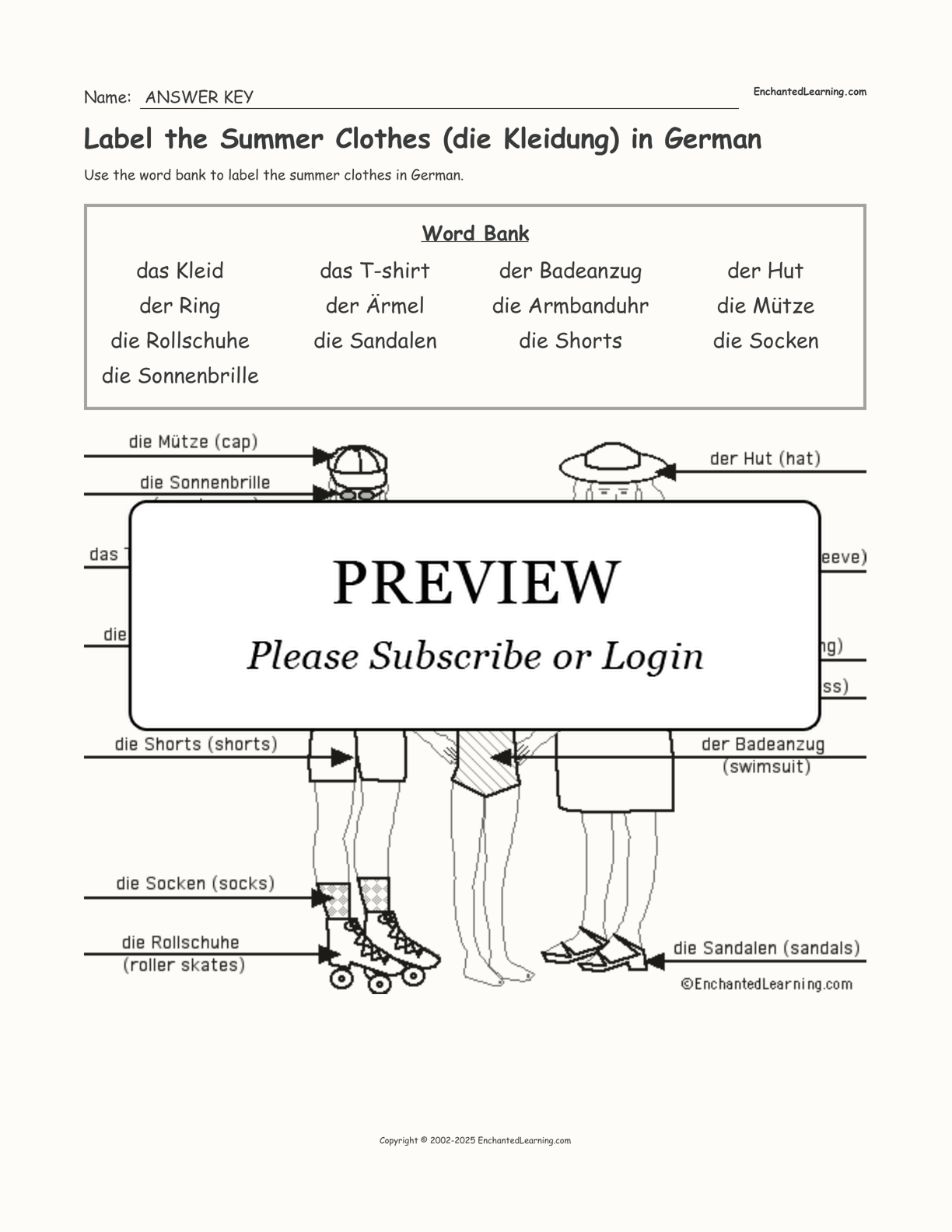 Label the Summer Clothes (die Kleidung) in German interactive worksheet page 2