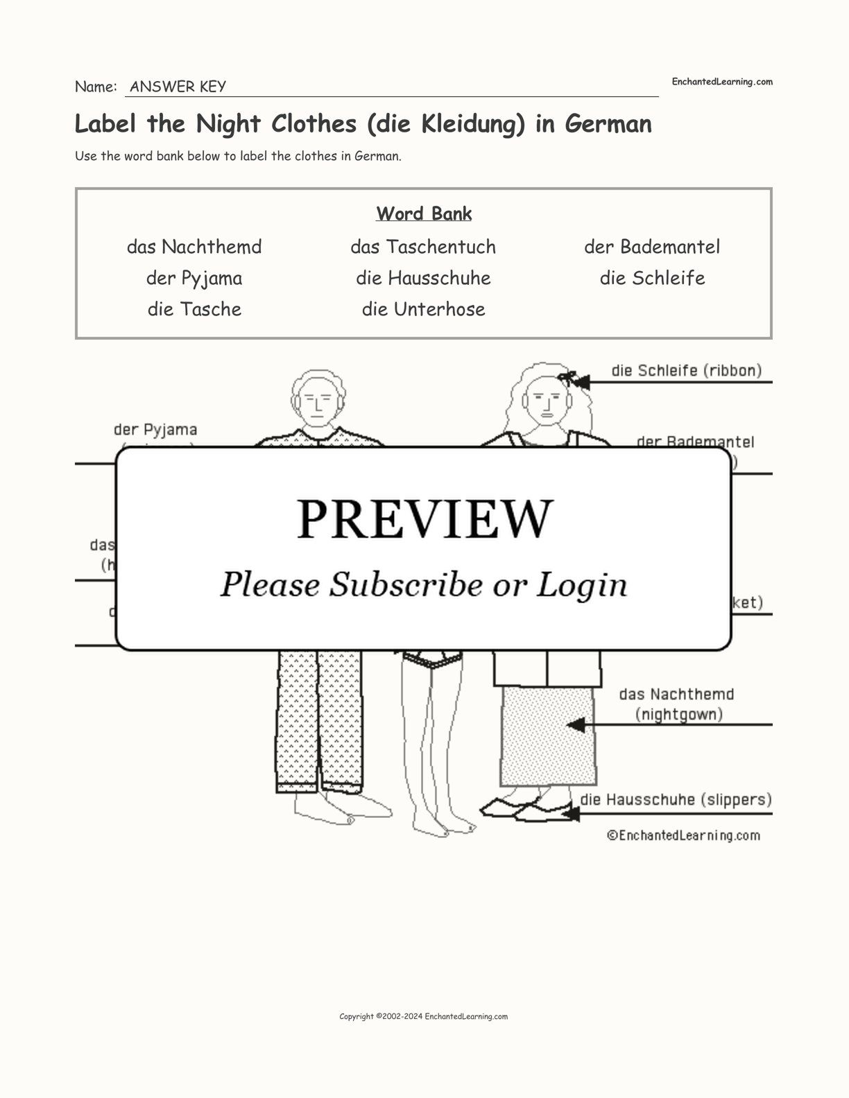 Label the Night Clothes (die Kleidung) in German interactive worksheet page 2