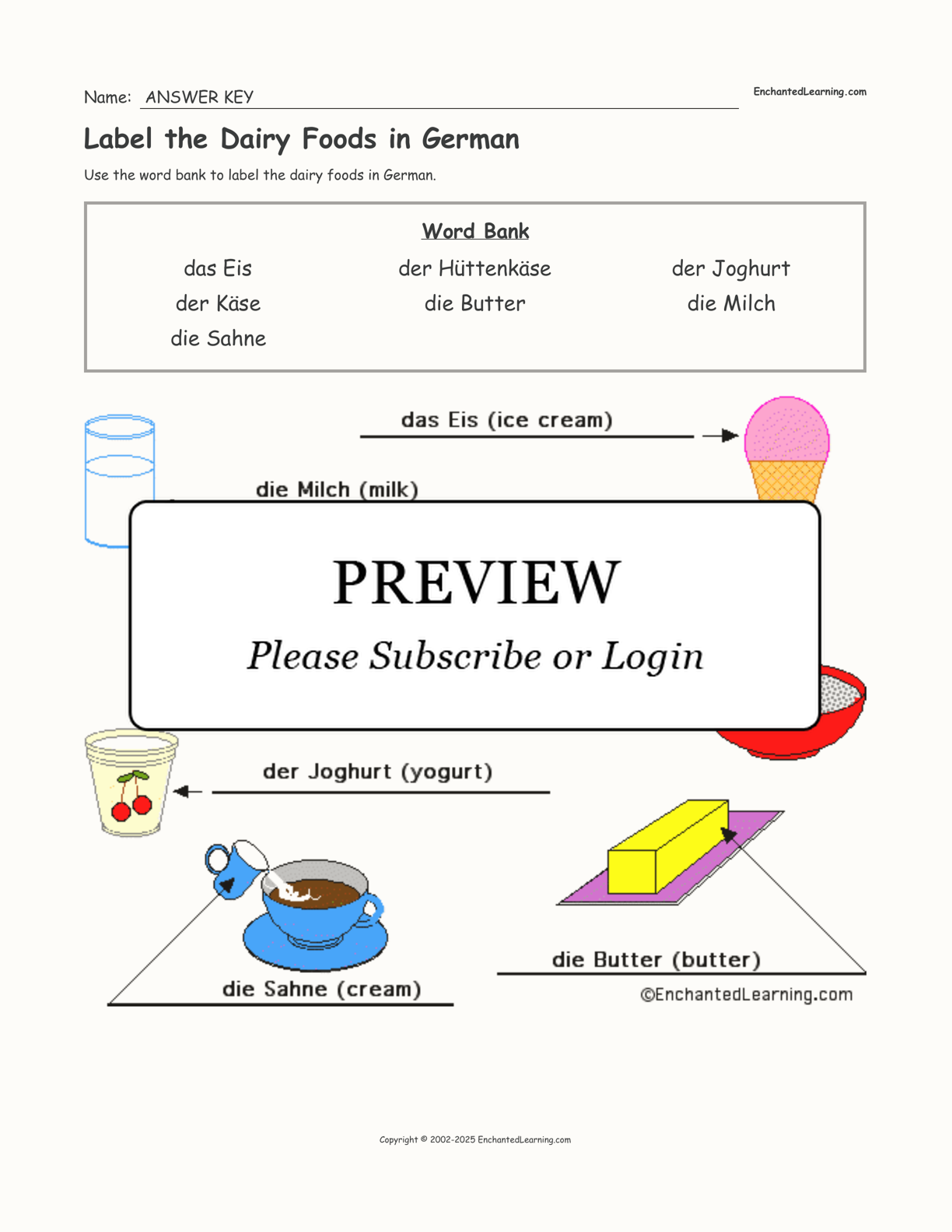 Label the Dairy Foods in German interactive worksheet page 2