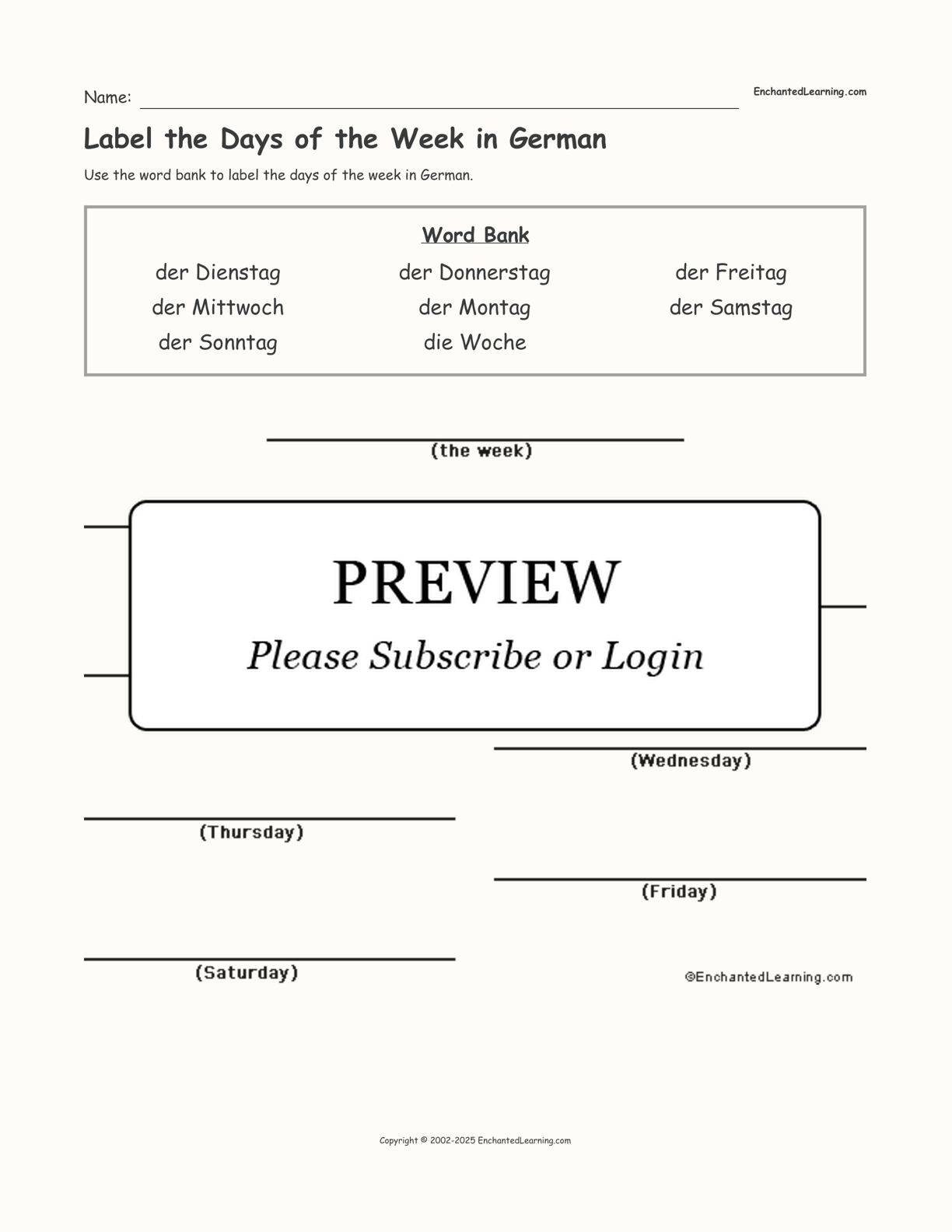 Label the Days of the Week in German interactive worksheet page 1