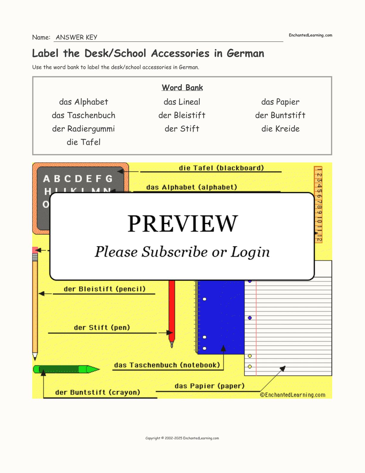 Label the Desk/School Accessories in German interactive worksheet page 2