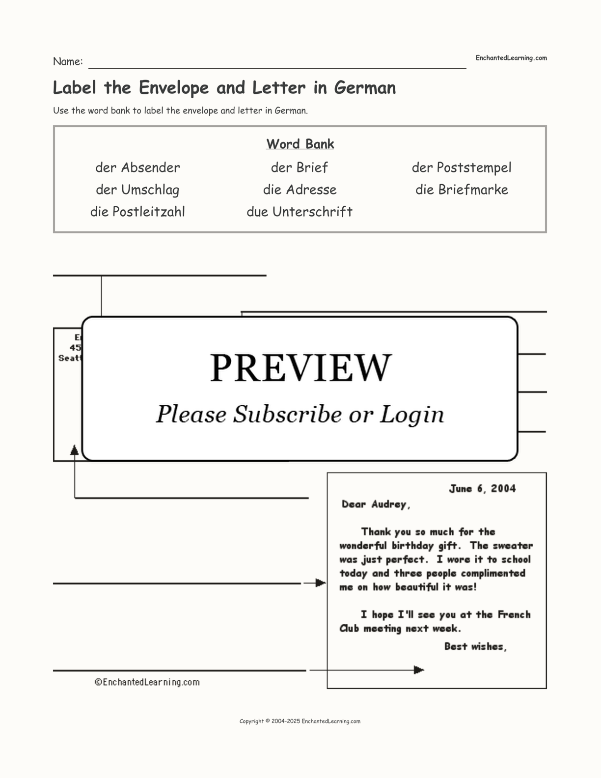 Label the Envelope and Letter in German interactive worksheet page 1