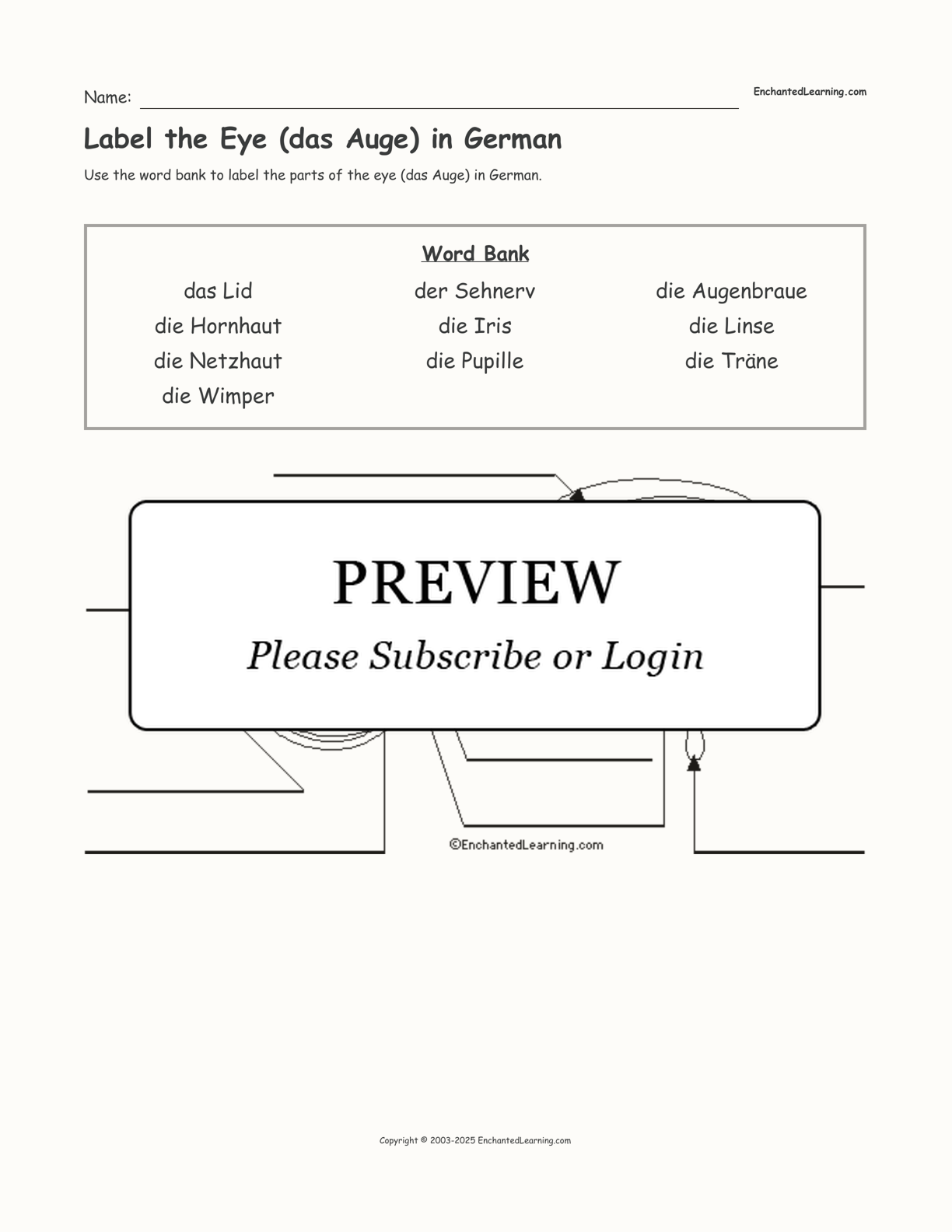 Label the Eye (das Auge) in German interactive worksheet page 1