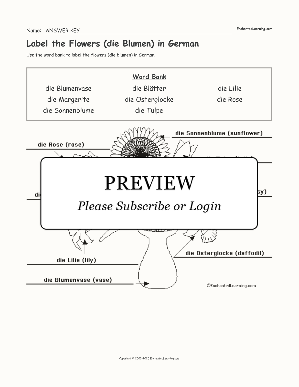 Label the Flowers (die Blumen) in German interactive worksheet page 2