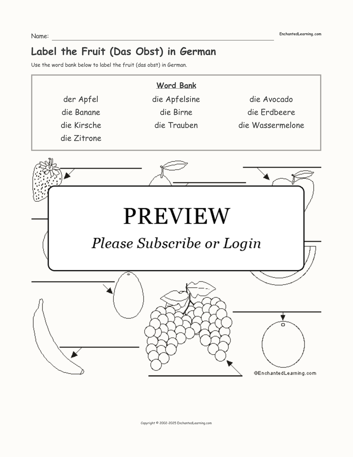 Label the Fruit (Das Obst) in German interactive worksheet page 1