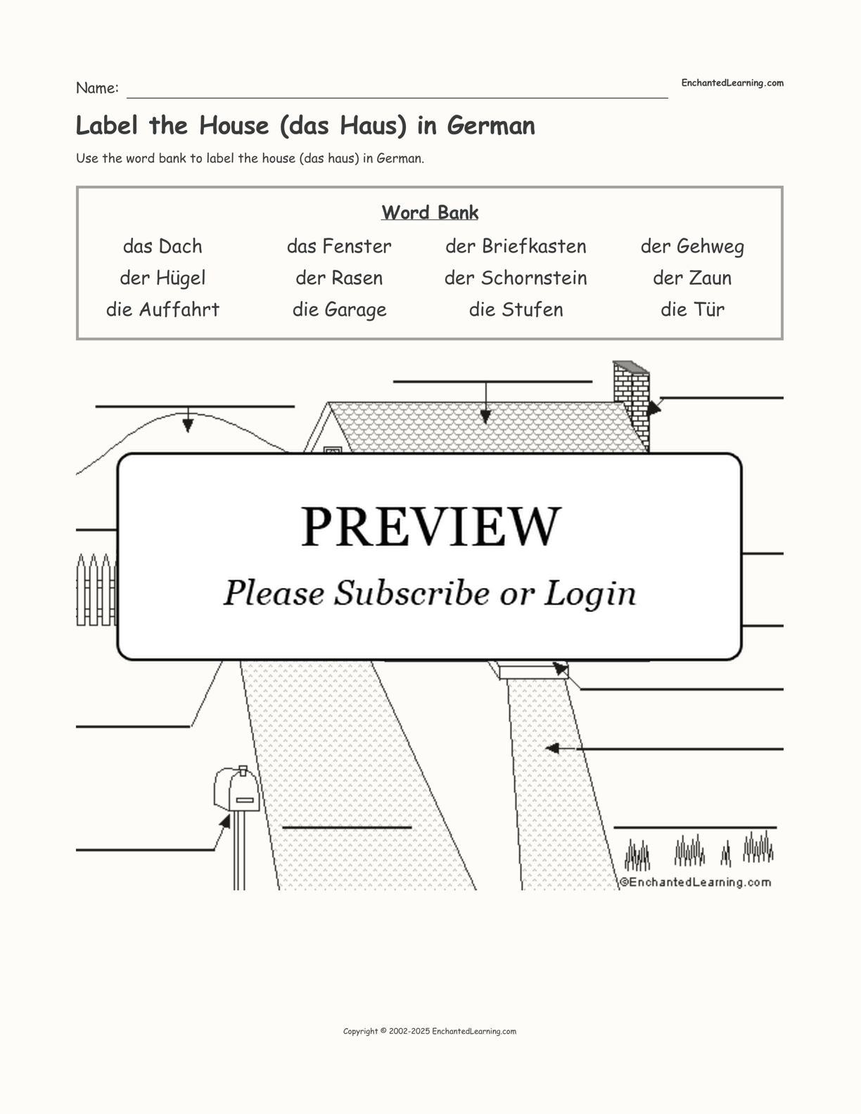 Label the House (das Haus) in German interactive worksheet page 1