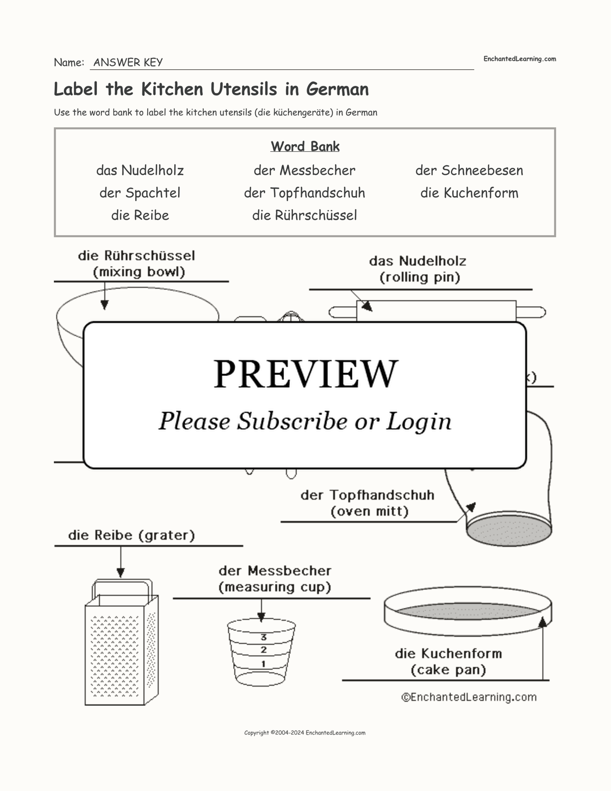 Label the Kitchen Utensils in German interactive worksheet page 2