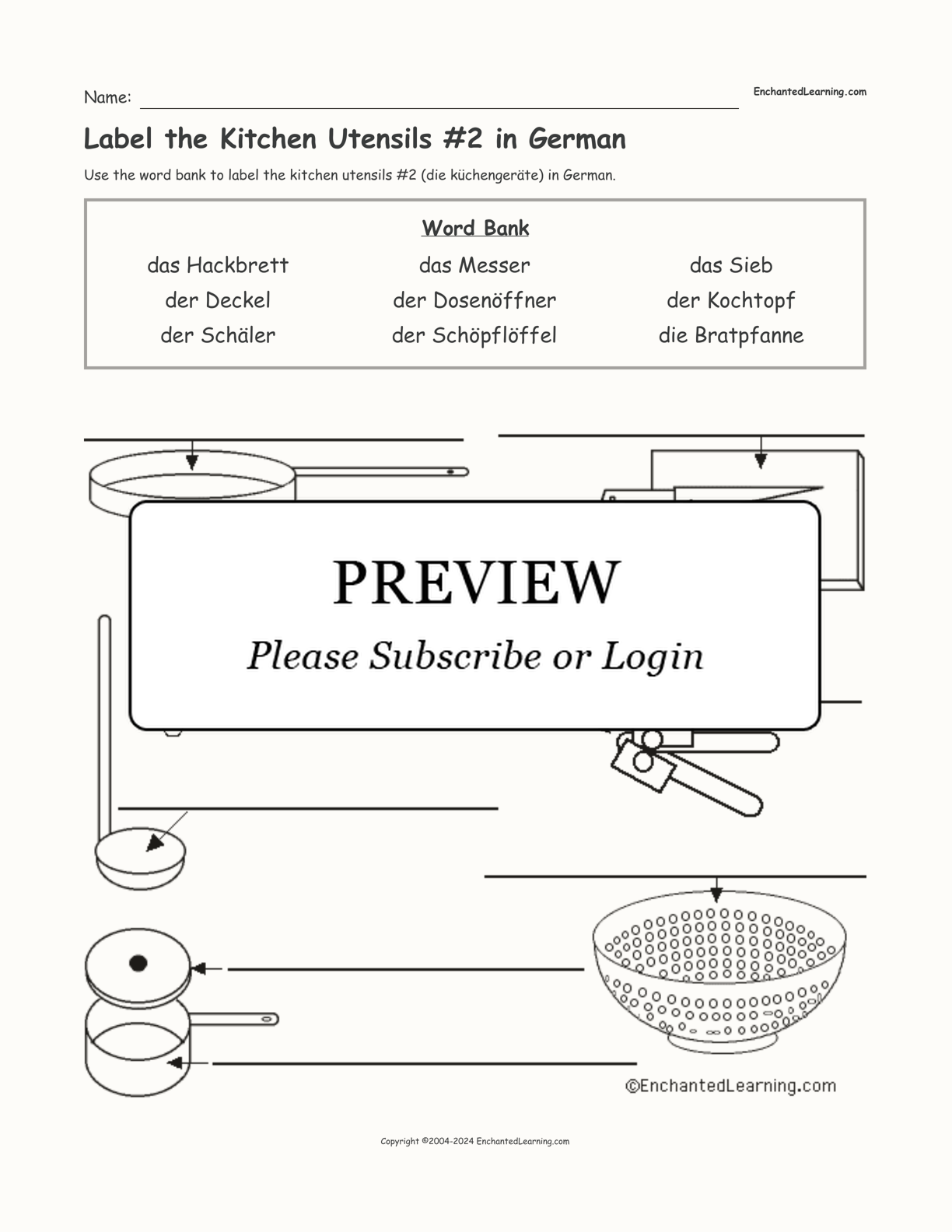 Label the Kitchen Utensils #2 in German interactive worksheet page 1