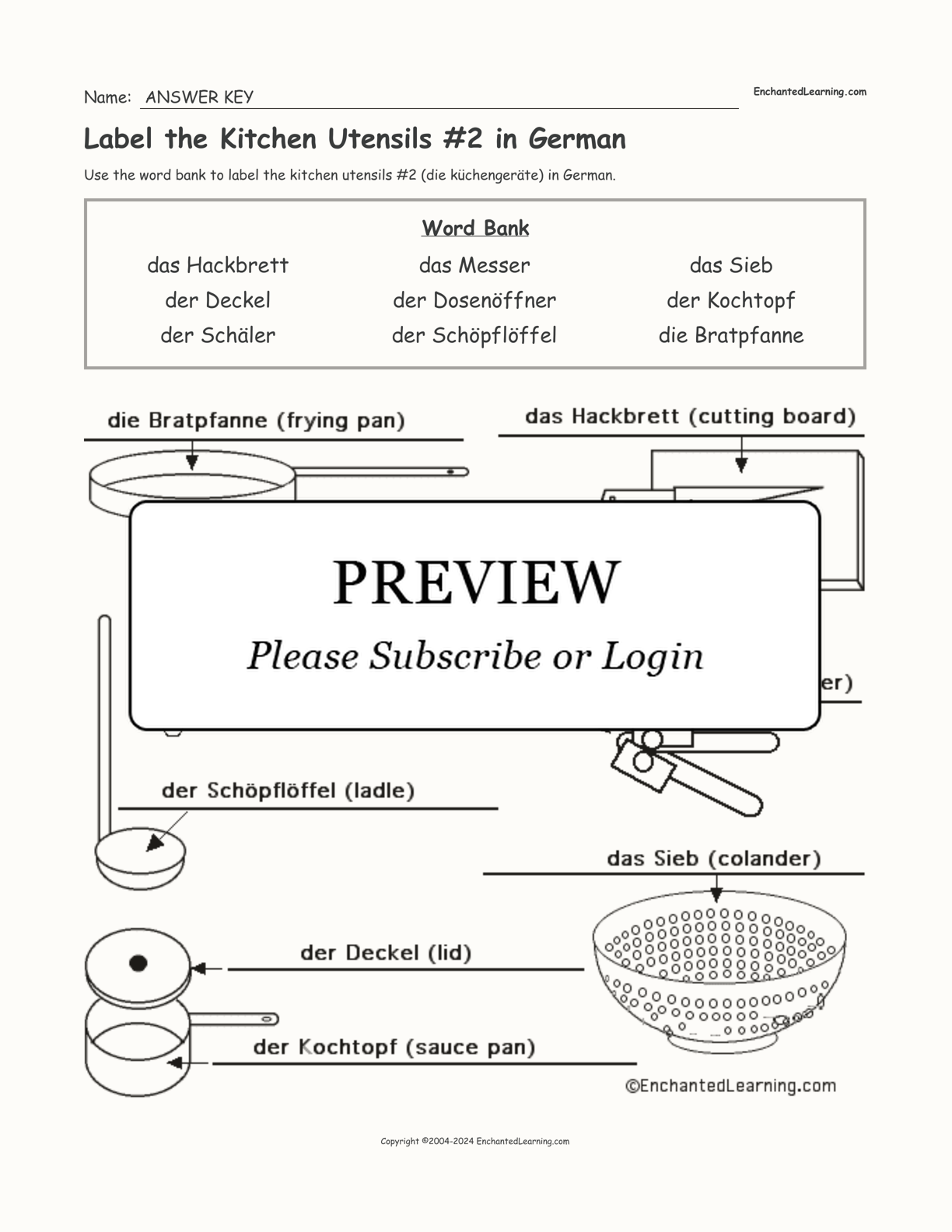 Label the Kitchen Utensils #2 in German interactive worksheet page 2
